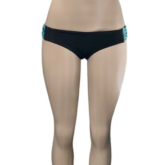 Heat Swimwear Miami Palms Black with Aqua Loop Sides Bikini Bottom Size Large - Picture 2 of 8